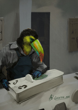 anthro apron beak clothing detailed_background feathers forearms hurdy-gurdy looking_at_object male musical_instrument realistic scaled_forearms scales solo workshop gaertan avian bird keel-billed_toucan toucan true_toucan detailed digital_drawing_(artwork) digital_media_(artwork) digital_painting_(artwork) hi_res painting_(artwork) shaded
