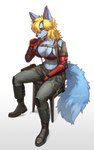 anthro belt blonde_hair boots bottomwear breasts chair cigar cleavage clothed clothing cybernetic_arm cybernetic_limb female footwear furniture hair looking_at_viewer muscular muscular_anthro muscular_female pants scar shoes simple_background sitting solo white_background yellow_eyes pgm300 konami metal_gear metal_gear_(series) metal_gear_solid_v venom_snake canid canine mammal 2022 absurd_res digital_media_(artwork) hi_res signature