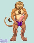 4_toes anthro balls balls_outline barefoot biceps big_chest big_muscles big_penis body_hair broad_shoulders brown_body brown_fur brown_pawpads bulge calf_muscles cheek_tuft chest_tuft claws clothed clothing crotch_tuft detailed_bulge digitigrade erection facial_hair facial_tuft feet foreskin fur genital_outline genitals goatee green_background green_eyes hand_on_crotch happy_trail huge_penis humanoid_genitalia humanoid_penis logo looking_at_viewer male mane moobs musclegut muscular muscular_anthro muscular_male naughty_face nipples pawpads paws penis pink_nipples pink_nose pink_penis quads retractable_claws simple_background smile solo standing stocky tail tail_tuft tall tan_body tan_fur teeth thick_limbs thick_penis tight_clothing toe_claws toes toothy_smile topless tuft underwear underwear_only kadohusky skyedrin felid lion mammal pantherine 2015 4:5 artist_logo artist_name hi_res shaded soft_shading