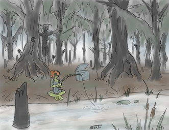 antennae_(anatomy) arm_tuft bog breasts clothing cooler dim_lighting duo eyelashes female fishing fishing_rod green_body green_skin hair orange_hair overalls plant sagging_breasts sitting stalking swamp tall tree tuft water serth hangmoss westerly_(serth) amphibian cryptid frog absurd_res hi_res