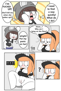anthro beanie black_clothing black_hat black_headwear black_shirt black_topwear blue_bottomwear blue_clothing blue_shorts blush bodily_fluids bottomless bottomless_anthro bottomless_female bottomwear breasts brown_hair cleavage clothed clothing dialogue duo eyelashes female genitals grey_beanie grey_clothing grey_hat grey_headwear hair hat headgear headwear male misunderstanding nervous nervous_sweat orange_hair penis ponytail profanity shirt shorts speech_bubble spread_legs spreading sweat tail text topwear undressing undressing_self vulva waking_up tonytoran tina_(tonytoran) tony_(tonytoran) chinchilla chinchillid lagomorph leporid mammal rabbit rodent 2:3 comic english_text hi_res