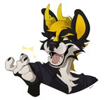 anthro cheek_tuft clothing emotional facial_tuft fangs happy horn looking_back male shirt snap snapping_fingers solo superhero t-shirt teeth toony topwear tuft fenzole_(artist) ignatius_walker_(walk-w-igny) igny_superstar canid canine canis mammal wolf absurd_res hi_res