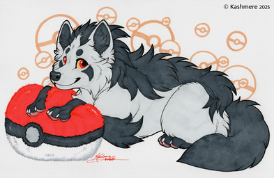 ambiguous_gender black_body black_fur black_inner_ear_fluff claws feral fur grey_body grey_fur happy inner_ear_fluff looking_at_viewer orange_sclera pawpads pillow pink_pawpads pokeball pokeball_background red_eyes simple_background sitting smile solo tail text toe_claws tuft white_background yellow_sclera kashmere nintendo pokemon eliv generation_3_pokemon mammal mightyena pokemon_(species) 2025 artist_name dated signature