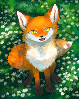 ambiguous_gender claws fangs feral flower fur grass looking_at_viewer open_mouth orange_body orange_fur pawpads paws plant sitting solo tail teeth tongue whiskers yellow_eyes ytkmrs canid canine fox mammal 2025 absurd_res hi_res
