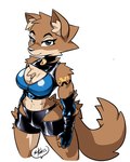 anthro arm_markings arm_tuft blue_eyes bottomwear breasts brown_body brown_fur chest_tuft cleavage_cutout clothing cutout eyebrows eyelashes female fur glistening glistening_clothing inner_ear_fluff markings midriff shorts shoulder_tuft solo tan_body tan_fur topwear tuft senorkah canid canine canis mammal wolf 2023