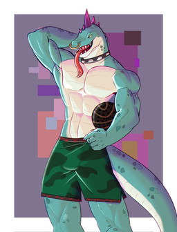 abs anthro basketball_uniform bottomwear clothed clothing collar facial_piercing green_body green_bottomwear green_clothing green_scales green_shorts hand_behind_head head_spikes male male_anthro multicolored_claws muscular muscular_anthro muscular_male nose_piercing pecs piercing purple_spikes scales shorts solo spikes spikes_(anatomy) sportswear studded_collar studs tail tongue tongue_out topless topless_anthro topless_male uniform yellow_sclera catnipfreakk goat_(movie) sony_corporation sony_pictures modo_olachenko komodo_dragon lizard monitor_lizard reptile scalie 2026 digital_media_(artwork) hi_res