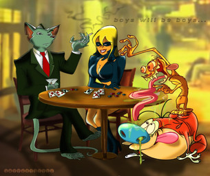 5_fingers accessory anthro barefoot black_boots black_clothing black_footwear black_gloves black_handwear black_mask black_nose black_tie_(suit) black_tuxedo blonde_hair blue_nose bodily_fluids boots breasts card chair claws cleavage clothed clothing drooling eyebrows feet female fingers footwear furniture gloves grey_body grey_skin group hair handwear high_heeled_boots high_heels humanoid_hands lips lipstick lit_cigarette long_tail long_tongue makeup male male_anthro mouth_closed necktie on_chair on_model open_mouth pink_tongue playing_card poker_chip raised_eyebrow red_lips red_lipstick red_necktie saliva screencap screencap_background sharp_teeth shoes sitting sitting_on_chair snot snot_string standing_on_another style_crossover suit tail teeth text tongue tongue_out white_clothing white_gloves white_handwear smileyjuiice gary_the_rat nickelodeon ren_and_stimpy erotica_jones gary_andrews ren_höek stimpy_j._cat stripperella canid canine canis chihuahua domestic_cat domestic_dog felid feline felis human mammal manx murid murine rat rodent toy_dog 2022 clip_studio_paint_(artwork) colored crossover digital_drawing_(artwork) digital_media_(artwork) english_description english_text hi_res shaded signature