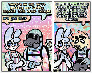 anthro bow_tie cigarette cigarette_in_mouth clothing dialogue duo floppy_ears fur half-closed_eyes hazmat_suit humor male narrowed_eyes object_in_mouth overalls smoking_tobacco speech_bubble teeth text tooth_gap white_body white_fur yellow_body yellow_fur rawdawgcomics bingus_(rawdawgcomics) stahli_(rawdawgcomics) bird_dog canid canine canis domestic_dog golden_retriever hunting_dog lagomorph leporid mammal rabbit retriever 5:4 comic english_text