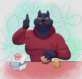 4_fingers amber_eyes anthro big_breasts black_nose breasts burger cheek_bulge clothed clothing eating eating_food eyebrows female fingers food fully_clothed gesture hand_gesture holding_burger holding_food holding_object hoodie looking_at_viewer smile solo thumbs_up topwear toy pancarta goat_(movie) nickelodeon sony_corporation sony_pictures spongebob_squarepants jett_fillmore felid mammal pantherine 2026 absurd_res hi_res