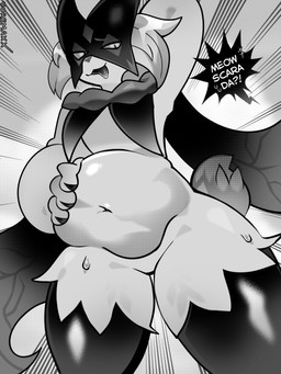 abdominal_bulge anthro belly_rub bodily_fluids female navel saliva solo sweat tongue tongue_out vore voremaxx nintendo pokemon generation_9_pokemon meowscarada pokemon_(species) 3:4 hi_res monochrome