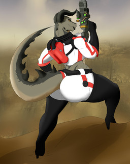anthro big_butt butt clothing female gun horn outside ranged_weapon solo standing tail thick_thighs tight_clothing weapon pillowymounds fallout microsoft deathclaw scalie absurd_res hi_res