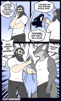 5_fingers anthro biped bottomwear clothed clothed_anthro clothed_human clothed_male clothing dialogue duo fingers front_view fully_clothed fully_clothed_anthro fully_clothed_human fully_clothed_male fur hair male standing tail teeth text tongue topwear the_man the_man_(character) canid canine human mammal absurd_res comic english_text hi_res