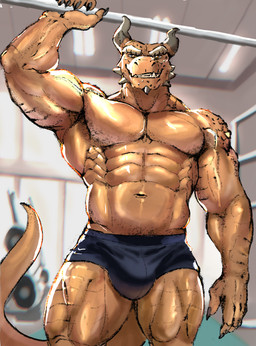abs anthro biceps biped black_clothing black_underwear briefs bulge clothing deltoids forearm_muscles front_view gym horn inside looking_at_viewer male muscular muscular_anthro muscular_male obliques orange_body orange_eyes pecs quads scales serratus smile smiling_at_viewer smirk smirking_at_viewer solo standing trapezius triceps underwear mitch_b mythology dragon mythological_creature mythological_scalie scalie 2025 hi_res