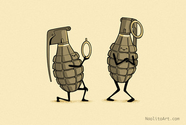 abstract_background ambiguous_gender duo explosives eyes_closed grenade humor kneeling marriage_proposal not_furry ring simple_background smile text the_truth weapon nacho_diaz animate_inanimate living_weapon lol_comments monochrome sepia url