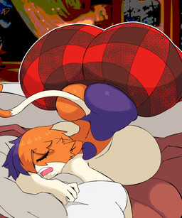 anthro big_breasts big_butt bottomwear breast_expansion breast_squish breasts butt butt_expansion butt_squish clothing expansion eyes_closed female fur hair huge_breasts huge_butt lying lying_on_breasts messy_hair on_front orange_body orange_fur pants purple_body purple_fur shirtless sleeping solo speech_bubble squish tail tight_bottomwear tight_clothing tight_pants zudofu epic_games fortnite meow_skulls calico_cat domestic_cat felid feline felis mammal 5:6 absurd_res hi_res