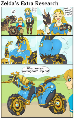 big_breasts big_butt blonde_hair blue_clothing blue_eyes breasts butt clothing crouching day dialogue duo eyes_closed female hair humanoid_pointy_ears male motorcycle open_mouth outside pointy_ears smile species_transformation tail text transformation vehicle vehicle_transformation urusee584 breath_of_the_wild nintendo the_legend_of_zelda link princess_zelda equid equine humanoid hylian mammal 2026 absurd_res comic digital_media_(artwork) english_text hi_res