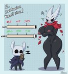 anthro areola biped black_body blue_background blush breasts duo electronics exclamation_point eyebrows female holding_object holding_phone hollow_eyes male mostly_nude multicolored_body navel nipples phone simple_background standing text white_body azura_inalis hollow_knight team_cherry hornet_(hollow_knight) the_knight_(hollow_knight) vessel_(species) absurd_res hi_res