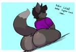 anthro biped black_hair bottomless butt butt_focus clothed clothing collar dialogue fur grey_body grey_fur hair looking_at_viewer looking_back male open_mouth purple_eyes raised_tail shirt simple_background sitting solo tail text topwear dusty-pixels phursie canid canine fox mammal 2016 english_text