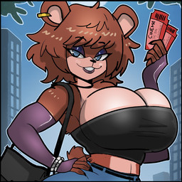 anthro armwear bandeau big_breasts black_bandeau black_clothing black_eyeshadow black_topwear blue_eyes breasts brown_body brown_fur brown_hair cleavage clothed clothed_anthro clothed_female clothing crossgender elbow_gloves eyeshadow female fingerless_gloves fur gloves hair handwear huge_breasts lips lipstick looking_at_viewer makeup mtf_crossgender purple_armwear purple_clothing purple_elbow_gloves purple_gloves purple_handwear purple_lipstick purse solo tail thick_bottom_lip ticket topwear mister_feelgood five_nights_at_freddy's scottgames freddy_(fnaf) frenni_(cryptiacurves) bear mammal 2026 hi_res
