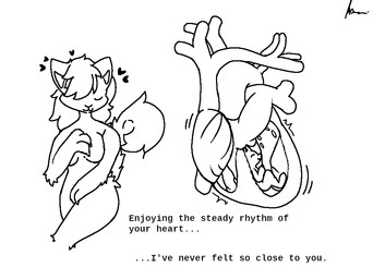 anatomical_heart anthro cardiophilia claws dialogue duo female fluffy fluffy_tail hair happy heart_(marking) heart_(organ) heartbeat inside_heart internal long_hair male male/female markings micro organs romantic romantic_couple tail text wafas domestic_cat felid feline felis mammal english_text hi_res line_art monochrome
