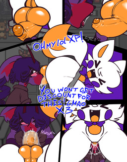 anthro antlers balls big_butt bodily_fluids bow_tie butt clothing cum cum_drip dialogue dipstick_tail dripping duo ejaculation fangs fellatio fur fur_tuft genital_fluids genitals hair holding_penis horn lipstick_on_penis looking_pleasured makeup male male/male markings onomatopoeia oral orange_body orange_penis orange_tongue penile penis perineum purple_background purple_body purple_cheeks purple_clothing purple_hair red_antlers red_body red_eyes saliva saliva_drip saliva_on_penis saliva_string sex shirt simple_background simple_coloring smile sound_effects tail tail_markings teeth text through_screen tongue topwear tuft white_body white_eyes white_fur aujko five_nights_at_freddy's five_nights_at_freddy's_world five_nights_at_frickbear's five_nights_at_frickbear's_(series) five_nights_at_frickbear's_3 scottgames lolbit_(fnaf) lolbit_(frickbear's) lyg_(aujko) deer mammal new_world_deer pudu 2026 comic digital_media_(artwork) english_text hi_res