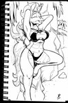 anthro anthrofied beach bikini biped breasts cliff clothing eyes_closed fangs female fire flaming_hair flaming_tail hand_behind_head hooves ink navel non-mammal_breasts non-mammal_navel one_leg_up open_mouth open_smile palm_tree plant pose pseudo_hair raised_leg seaside smile solo summer swimwear tail teeth tree two-piece_swimsuit unguligrade duragan asian_mythology chinese_mythology east_asian_mythology mythology them's_fightin'_herds tianhuo_(tfh) dragon hybrid longma mythological_creature mythological_equine mythological_scalie scalie 2023 absurd_res black_and_white hi_res monochrome pinup signature traditional_media_(artwork)