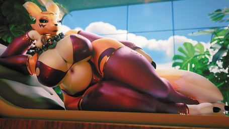 anthro armwear big_breasts blue_eyes breasts bridal_gauntlets circlet clothing day ear_piercing ear_ring female inside legwear lying on_side panties piercing ring_piercing solo thick_thighs thigh_highs underwear wide_hips window doblezetaeleri_(artist) lunar_eyes_(modeler) bandai_namco digimon digimon_(species) renamon 16:9 3d_(artwork) 4k absurd_res digital_media_(artwork) hi_res widescreen