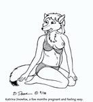 anthro areola breasts dipstick_tail female fur hair half-closed_eyes markings multicolored_tail narrowed_eyes navel nipples one_breast_out pregnant solo tail tail_markings text bernard_doove chakona_space trina_snowfox arctic_fox canid canine fox mammal true_fox 1998 english_text greyscale monochrome