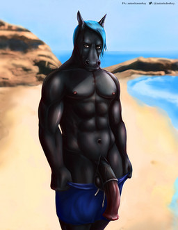 abs animal_genitalia animal_penis anthro balls black_balls black_body black_penis blue_hair bottomwear bottomwear_down brown_eyes clothed clothing equine_genitalia equine_penis front_view genitals glistening glistening_eyes hair half-erect looking_at_viewer male mouth_closed multicolored_penis muscular muscular_anthro muscular_male navel outside pants pants_down partially_clothed pecs penis red_penis solo standing topless two_tone_penis satanic_monkey equid equine horse mammal hi_res portrait three-quarter_portrait