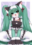 accessory alternate_species anthro bell bell_collar black_ears black_nose black_sclera blush breasts clothed clothing collar countershade_face countershade_fur countershade_legs countershade_torso countershading cute_fangs fangs female fur furrification garter green_body green_fur green_hair green_tail hair inner_ear_fluff legwear long_hair maid_apron maid_uniform medium_breasts nails navel open_mouth solo stockings tail teeth thick_thighs tuft twintails_(hairstyle) uniform white_body white_clothing white_eyes white_fur white_legwear white_stockings wide_hips horokusa0519 mimukauwa_nice_try vocaloid catsune_miku hatsune_miku domestic_cat felid feline felis mammal hi_res