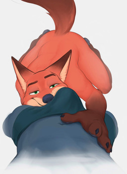 anthro bulge bulge_on_face clothing duo first_person_view fur genitals green_eyes half-closed_eyes hand_on_belly high-angle_view kneeling male male/male narrowed_eyes navel nude orange_body orange_fur simple_background smile standing tail underwear white_background petrisa disney zootopia nick_wilde canid canine fox mammal red_fox true_fox 2025 hi_res
