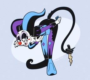 ambiguous_gender blue_eyes bowing buckteeth card clothed clothing clown_makeup clown_nose gloves handwear holding_object_with_tail jester_outfit knife looking_at_viewer mouse_tail playing_card prehensile_tail smile smiling_at_viewer solo tail teeth trevor-fox trevor-fox_(character) mammal mouse murid murine rodent