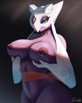2023 4:5 anthro anthrofied areola big_breasts blue_eyes breasts conditional_dnp digital_media_(artwork) digital_painting_(artwork) female froslass generation_4_pokemon hi_res holding_breast looking_at_self navel nintendo nipples paradoxing pokemon pokemon_(species) purple_areola purple_body purple_nipples red_ribbon ribbons signature solo yellow_sclera