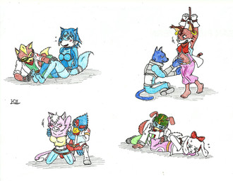 anthro barefoot bdsm beak belt black_clothing black_gloves black_handwear black_nose blue_body blue_bottomwear blue_clothing blue_feathers blue_fur blue_hair blue_pants blush bondage boots bottomwear bound bow_on_head breasts brown_body brown_fur cheek_tuft clothed clothed_anthro clothed_female clothed_male clothing dipstick_tail ear_piercing ear_ring eyes_closed facial_tuft feathers feet female floppy_ears foot_fetish foot_lick footwear fur furgonomic_helmet furgonomics gloves group hair hands_behind_back hands_tied hands_tied_behind_back handwear jacket kneeling laugh licking looking_at_another lying male markings midriff multicolored_body multicolored_fur navel on_front one_eye_closed open_mouth open_smile pants piercing raised_arm red_bow restraints ring_piercing rope rope_bondage shoes simple_background sitting smile soles tail tail_markings tickle_fetish tickle_torture tickling tickling_armpits tickling_belly tickling_feet toes tongue topwear tuft white_background white_body white_clothing white_fur white_gloves white_handwear white_inner_ear white_jacket white_tail_tip white_topwear yellow_beak yellow_body yellow_clothing yellow_fur yellow_topwear kingnanamine87 nintendo star_fox bill_grey falco_lombardi fay_(star_fox) fox_mccloud katt_monroe krystal_(star_fox) miyu_(star_fox) panther_caroso avian bird canid canine canis domestic_cat domestic_dog felid feline felis fox lynx mammal pantherine hi_res traditional_media_(artwork)