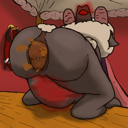 ambiguous_gender anthro anus big_butt brown_fart_cloud butt crowning_feces excessive_feces fart fart_cloud feces feces_in_ass fur glowing glowing_belly horn hyper hyper_feces inflated_belly nude pooping solo tail text white_body white_fur wool_(fur) blargamie cult_of_the_lamb massive_monster_(studio) lamb_(cult_of_the_lamb) red_crown_(cult_of_the_lamb) bovid caprine mammal sheep 1:1 digital_drawing_(artwork) digital_media_(artwork)