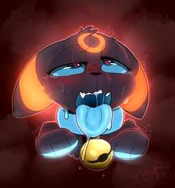 ahegao bell bell_collar blue_eyes blue_sclera blush bodily_fluids collar drooling feral fur glowing glowing_pawpads glowing_paws goo-connected_lips hair heart_eyes heart_symbol looking_pleasured male open_mouth pawpads paws saliva saliva_string simple_background smile solo sweat tears teeth tongue tongue_out backsash nintendo pokemon cosmic_umbreon eeveelution generation_2_pokemon mammal pokemon_(species) umbreon 2023 digital_media_(artwork) headshot_portrait portrait