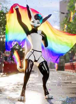 anthro backlighting black_body black_fur black_hair black_latex blue_hair city city_background claws clothing collar colored_sclera confetti depth_of_field detailed_fur fangs feet flag flag_(object) fur fur_markings fur_texture gloves green_eyes hair handwear holding_flag holding_object latex latex_clothing legwear lgbt_pride light long_tail looking_at_viewer male markings multicolored_hair open_mouth paws pointy_ears pose posed pride_colors rainbow rainbow_flag rainbow_pride_flag rainbow_symbol raised_arm realistic_fur smile soft_lighting solo standing striped_body striped_fur stripes sunlight tail teeth thigh_highs toes white_body white_fur wristband daytia c4d lgbt_pride_month krakka rexouium 3d_(artwork) cinema_4d_(artwork) detailed digital_media_(artwork) hi_res lighting