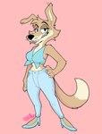 anthro blue_eyes breasts claws clothed clothing female fingers footwear fur grin hand_on_hip high_heels looking_at_viewer seductive shoes simple_background smile solo tail teeth whiskers brookibrooki blinky_bill_(series) daisy_dingo canid canine canis dingo mammal 2025 digital_media_(artwork) signature