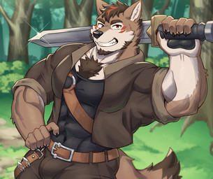 5_fingers abs anthro beard belt biped black_clothing black_nose black_pawpads black_shirt black_topwear body_hair bottomwear brown_beard brown_body brown_bottomwear brown_clothing brown_eyebrows brown_facial_hair brown_fur brown_pants brown_shirt brown_tail_tip brown_topwear bulge cheek_tuft chest_hair claws clothed clothed_anthro clothed_male clothing dipstick_tail eyebrows facial_hair facial_markings facial_tuft finger_claws fingers forest forest_background fur glistening glistening_eyes hand_on_hip head_markings highlights_(coloring) holding_melee_weapon holding_object holding_sword holding_weapon looking_at_viewer male male_anthro markings melee_weapon multicolored_body multicolored_fur muscular muscular_anthro muscular_male nature nature_background navel_outline open_clothing open_shirt open_topwear outside pants pawpads pecs plant pointy_ears red_highlights red_markings shirt smile solo sword tail tail_markings tan_body tan_fur teeth topwear tree tuft weapon norakemo777 canid canine mammal 2025 absurd_res digital_media_(artwork) hi_res