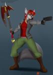 anthro axe bottomwear breasts clothing copyright_symbol ear_piercing female fingerless_gloves gloves grin gun hair handgun handwear melee_weapon pants piercing pistol ranged_weapon red_eyes red_hair smile solo symbol tattoo text weapon doomthewolf blinkblinkblink valkairis_sarikblod canid canine canis mammal wolf 2018 hi_res url