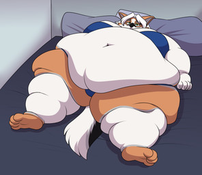 anthro bed belly belly_overhang big_belly bikini bikini_bottom bikini_top brown_body brown_fur clothing eyewear female flabby flabby_arms flabby_legs fur furniture glasses green_eyes hair immobile lying obese obese_anthro obese_female on_back overweight overweight_anthro overweight_female pillow round_body solo swimwear two-piece_swimsuit weight_gain white_body white_fur white_hair shikakaka tiger_dad_art ruby_renardrouge canid canine fox mammal marble_fox red_fox true_fox absurd_res hi_res