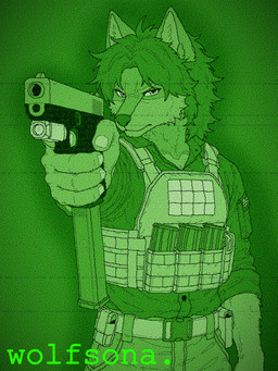 anthro black_and_green gun handgun male night_vision pistol ranged_weapon solo weapon glock angelo(wolfsona) canid canine canis mammal wolf 3:4 hi_res monochrome