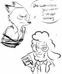 absurd_res angry anthro black_and_white black_nose bovid canid canine caprine cd clothing dawn_bellwether dialogue disney domestic_sheep english_text eyewear female fox fur glasses hi_res holding_object hooves kidz_bop male mammal monochrome nick_wilde rope sheep text thelittlemetermaid wool_(fur) zootopia