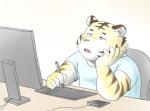 anthro biped clothing computer electronics male shirt sitting slightly_chubby solo topwear tiger_cub felid mammal pantherine tiger 2017