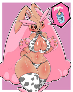 animal_print animal_print_bikini anthro baby_bottle bikini biped blush breasts brown_body camel_toe clothed clothing cow_print cow_print_bikini female glistening glistening_body legwear looking_at_viewer magenta_background pattern_bikini pattern_clothing pattern_swimwear pupils smile solo swimwear thick_thighs two-piece_swimsuit wide_hips mochimochi39mo nintendo pokemon generation_4_pokemon lagomorph lopunny mammal pokemon_(species) shiny_pokemon 4:5 hi_res