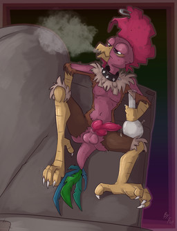 animal_genitalia animal_penis anthro areola avian_caruncle avian_feet balls beak biped bodily_fluids bong canine_genitalia canine_penis collar collar_only comb_(anatomy) comb_piercing crest_piercing dripping drug_usage drugs erection feathers feet furgonomic_piercing furgonomics furniture genital_fluids genitals grey_body grey_feathers half-closed_eyes head_crest holding_object inside knot lying lying_on_sofa male marijuana mismatched_animal_penis mismatched_genitalia mismatched_penis narrowed_eyes navel neck_tuft nipples nude on_sofa penis piercing precum precum_drip red_body red_feathers smoking sofa solo spiked_collar spikes substance_intoxication talons toes tuft yellow_beak fuf avian bird chicken galliform phasianid 2018 hi_res