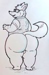 anthro backsack balls big_butt butt clothed clothing eyewear genitals glasses huge_butt looking_at_viewer looking_back male overweight overweight_anthro overweight_male partially_clothed raised_tail simple_background solo tail thick_thighs goatboner_(artist) fivethirtyeight fivey_fox canid canine fox mammal signature