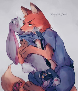 anthro big_ears bite_mark blush bottomless cheek_tuft clothed clothing dialogue duo ears_down facial_tuft fluffy fluffy_tail fur green_eyes grey_body grey_fur inner_ear_fluff orange_body orange_fur pawpads pivoted_ears sitting tail text toeless_legwear tuft li_e disney zootopia judy_hopps nick_wilde canid canine fox lagomorph leporid mammal rabbit red_fox true_fox english_text