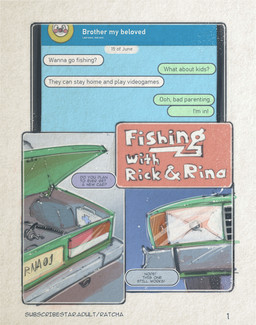 ambiguous_gender bad_parenting car car_trunk cellphone dialogue electronics fishing_rod not_furry phone phone_screen simple_background smartphone speech_bubble text vehicle zero_pictured ratcha comic digital_media_(artwork) english_text hi_res