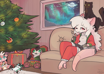 anthro aurora_(phenomenon) christmas_tree clothed clothed_anthro clothing container cozy cup female female_anthro feral furniture holidays moon mug night plant plushie presenting sitting sofa string_lights tail tree window maenei christmas elenora_(bebop_the_hog) neimora_(maenei) domestic_cat felid feline felis mammal murid murine rat rodent 2025 hi_res trans_(lore) trans_woman_(lore)